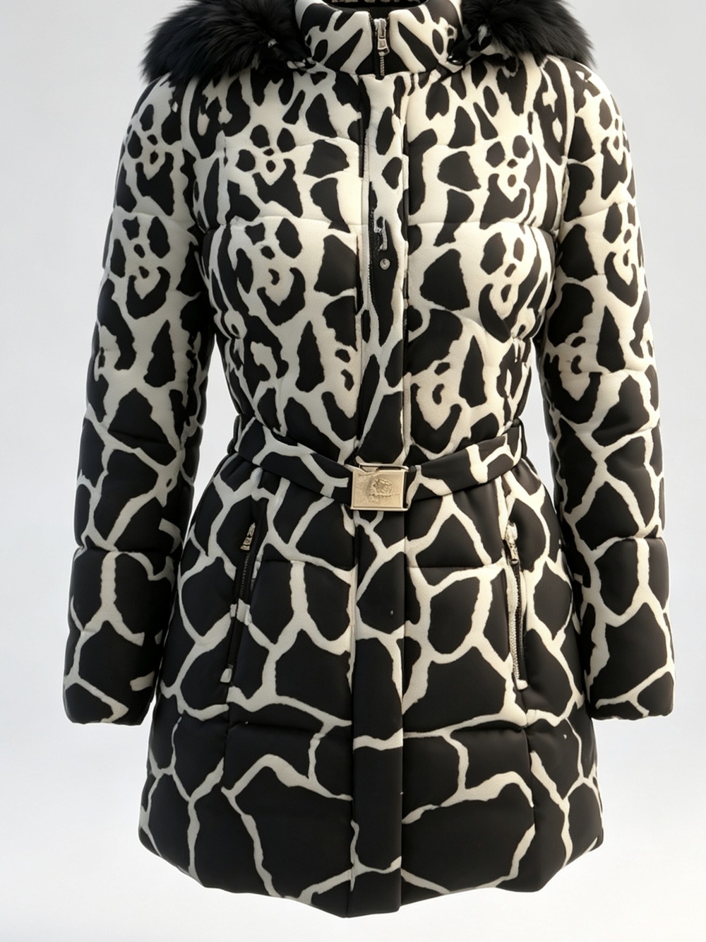 Roberto Cavalli Belted Puffer Coat with Fur Trim